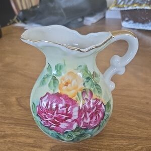 Lefton Handpainted Floral Pitcher with Gold Trim